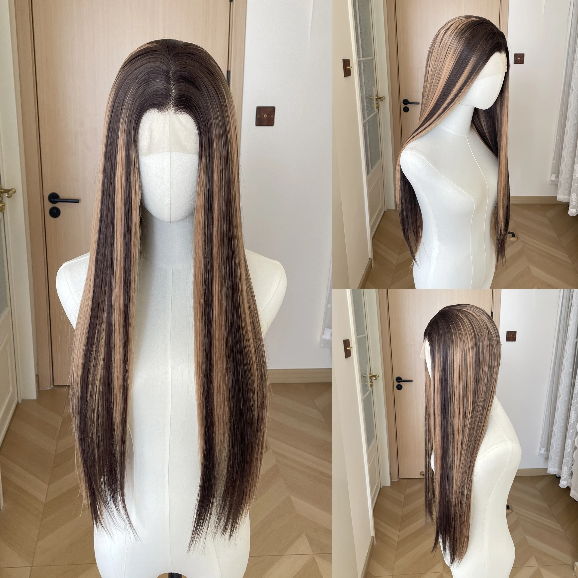 Brown Mixed 13x4 Lace Front Wig Fashion 26 Inch Glueless Silky Long Straight Synthetic Wig for Black Women Heat Resistant Party