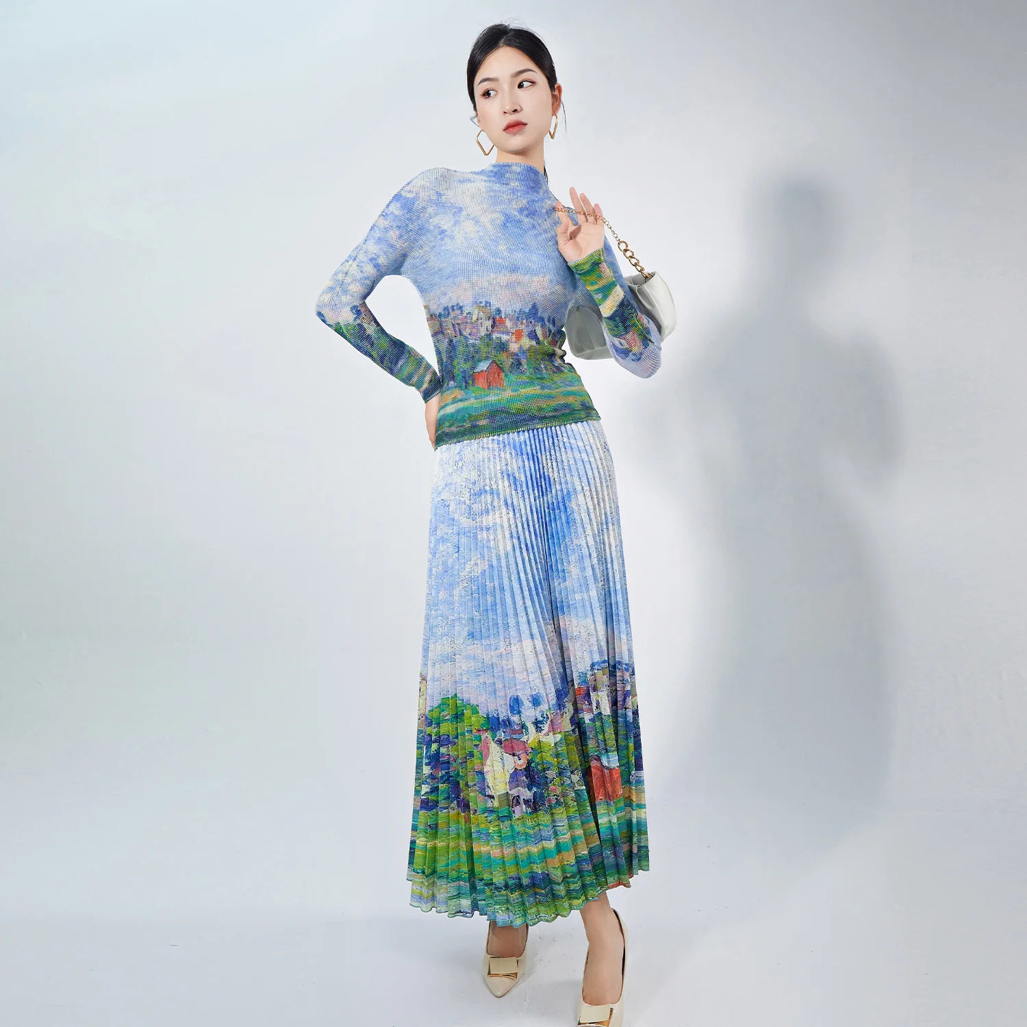 Pleated Unique Women Two Piece Set Casual Elegant Ankle Length Maxi Skirt and Top Printed Stretch Polyester Fabric Spring Summer