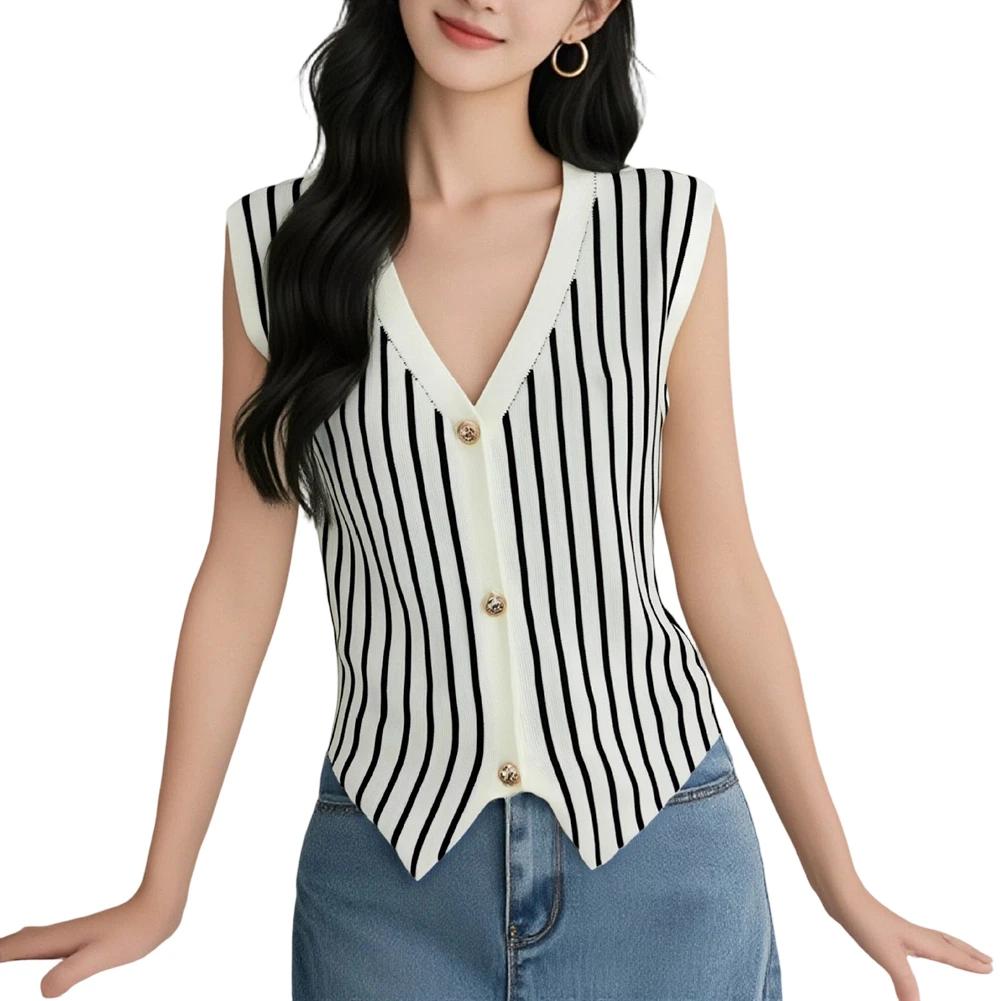 Sleeveless Knitted Vest for Women Striped V Neck Button Front Casual Stretch Top Lightweight Layering Essential
