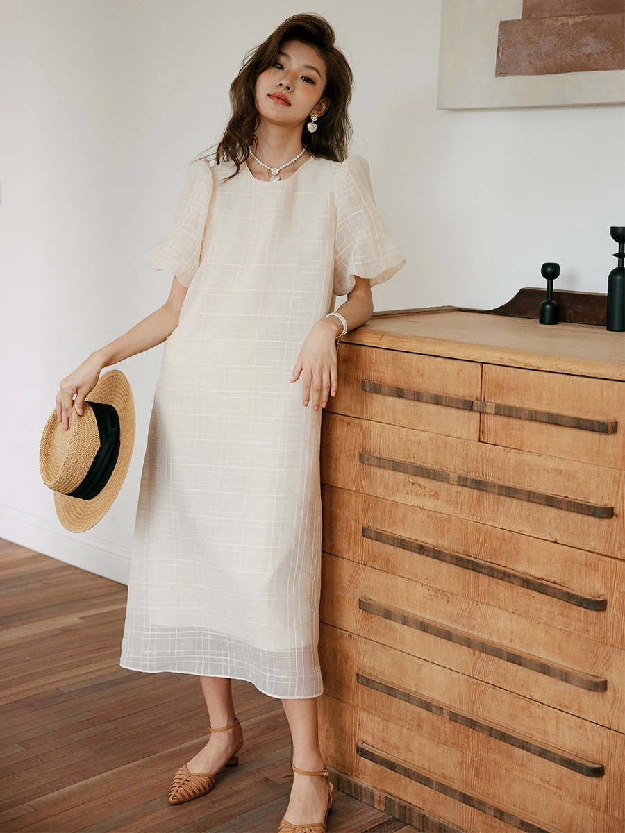 

Summer 2024 Korean Sle round Ne Ogees Bubble Sve Loose Midi Dr Women's Apricot Long Dr Polyester Fiber 00%