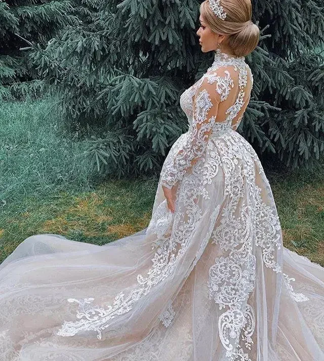 

Customized Elegant Wedding Dress High Neck Longsleeve Applique Train Tulle Satin Organza Formal Occasion Custom Made De Mariée 2