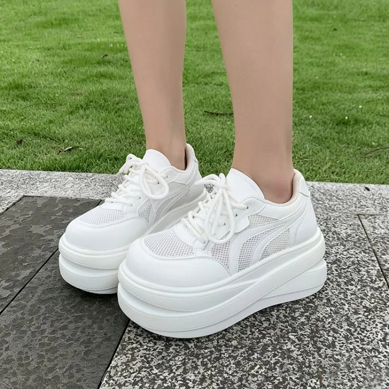 Zapatillas deportivas de plataforma de malla para mujer, con cordones, de caña baja, suela gruesa, que aumentan la altura, transpirables, informales, para caminar a diario, calzado deportivo.