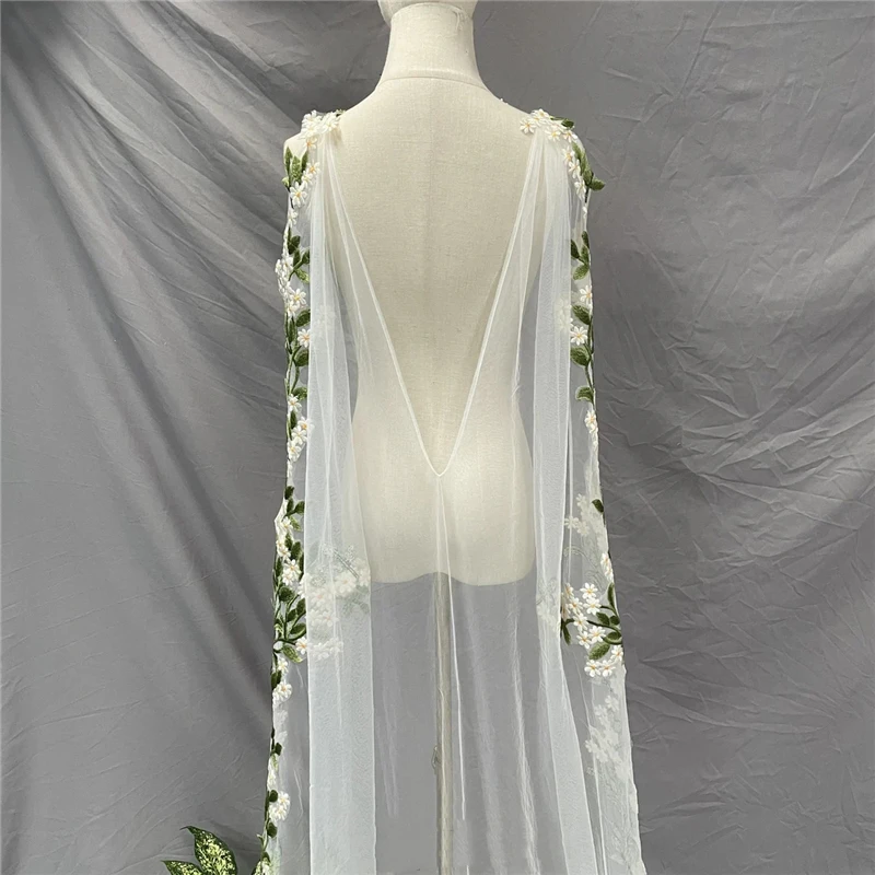 Green Lace Leaves Yellow Flowers Floral Wedding Bridal Cape Draped Shoulder Veils For Brides White Ivory Tulle Cathedral Long