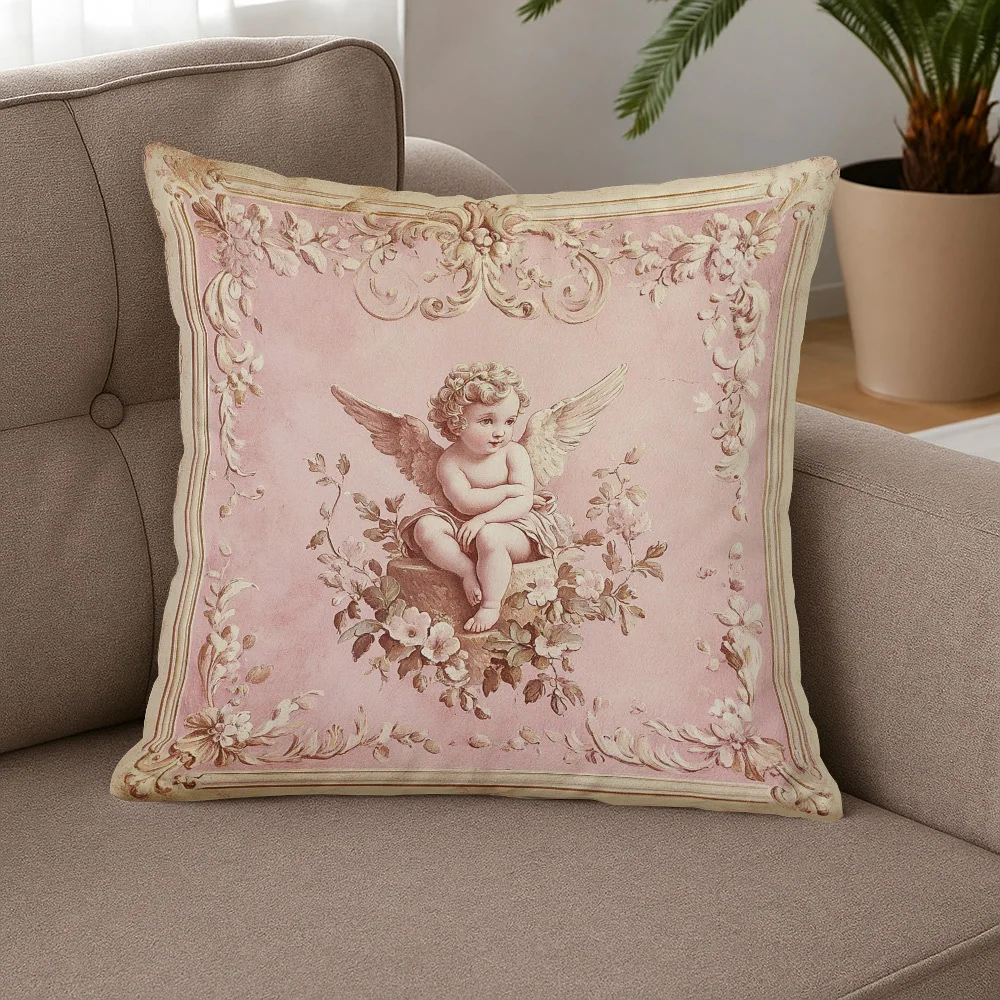 1pc Pastel Pink Rococo Cherub Pillow Cover, Polyester 2-Sided Print, Baroque Floral Ornate Art Cushion, Elegant Victorian Decor