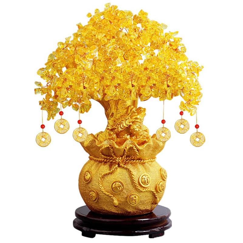 Lucky Tree Wealth Yellow Crystal Natural Money Ornaments Bonsai Style Luck Feng Shui Craft