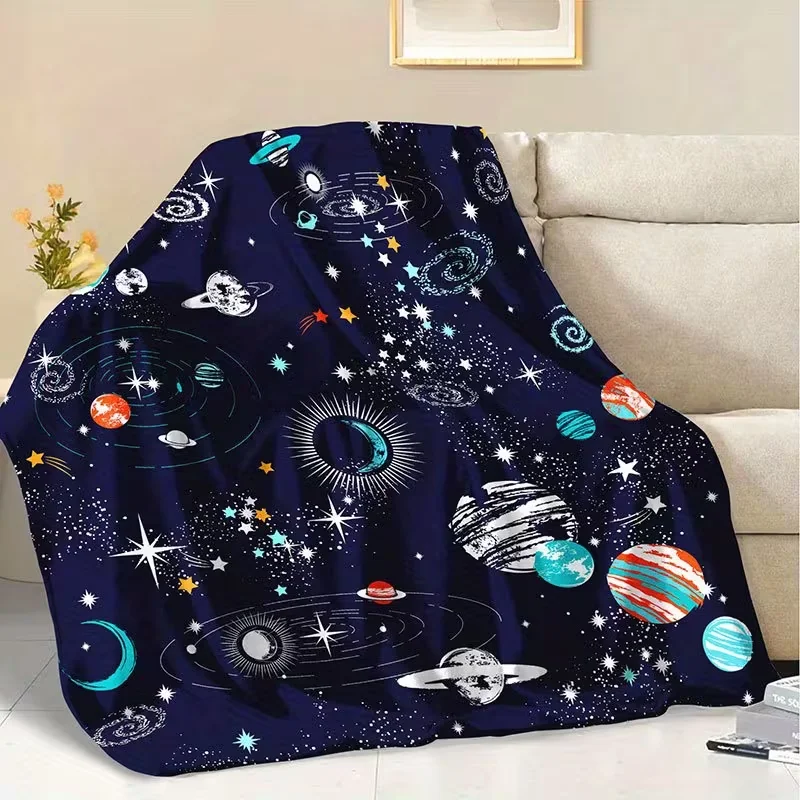 Cartoon Solar System Planet Star Flannel Throw Blanket Cosmic Galaxy Print Soft Cozy Blanket Bedroom Sofa Bed Blanket All Season