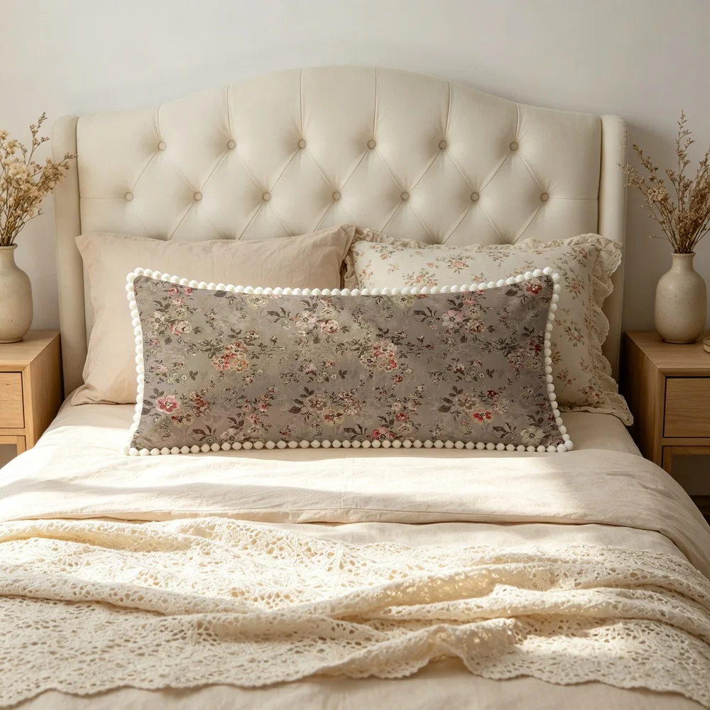1PC Taupe Background with Vintage Roses and Branches, Distressed American Country Floral Long Pillow Cover with Pom Pom Trim