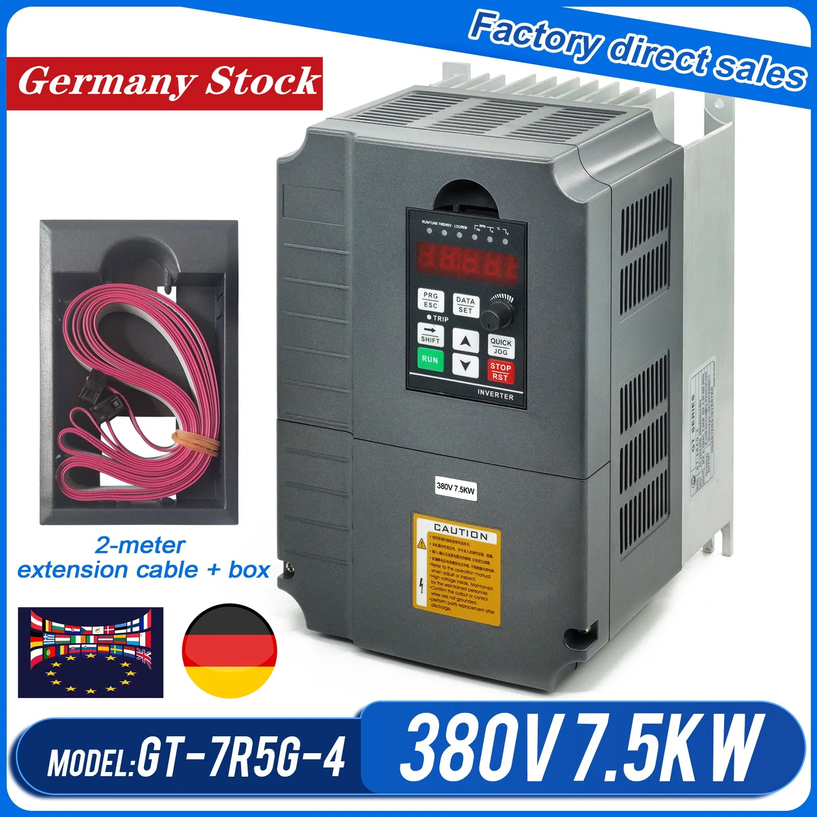 『EU Stock』Huanyang Vector Control Variable Frequency Drive vfd Inverter 7.5kw 380v 50 60Hz with Extension Cable and Clamp