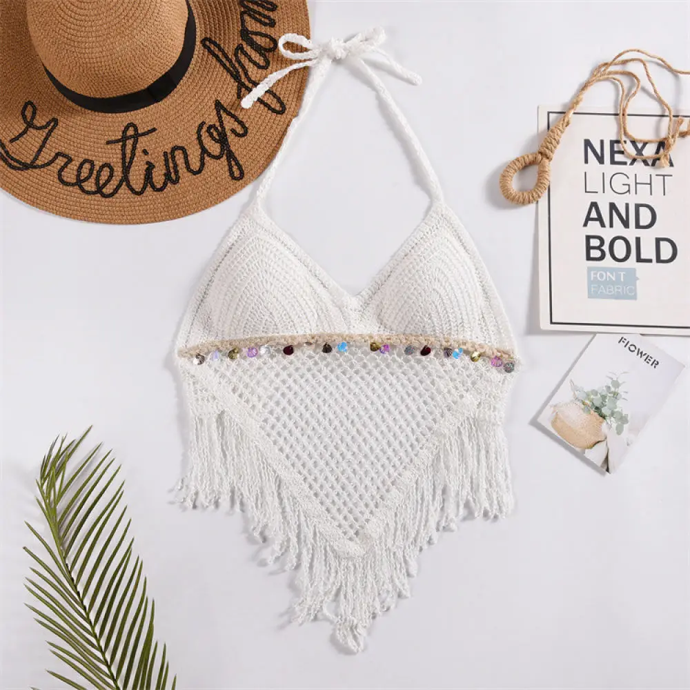 Summer Women Halter Crop Top Backless Hollow Out Embroidered Vest With Built In Padding Slim Fit Sexy Beach Vacation Shirt Top