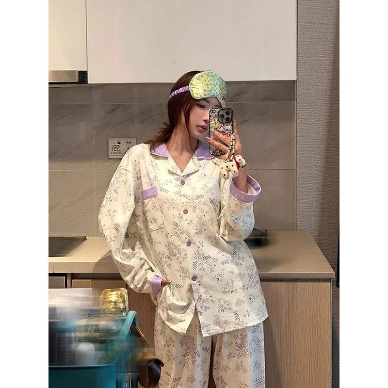 Womens Autumn Winter Thermal Pajama Set Small Floral Print Thin Fleece Warm Self Heating Loungewear