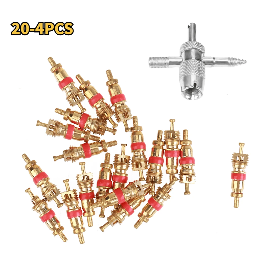 

20-4 шт. Сердечник клапана Шредера кондиционера, металлический сердечник штока клапана шины с съемником штока клапана 4-в-1 для автомобилей, грузовиков, мотоциклов