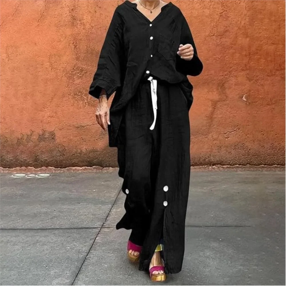 CPSYMYM Fashion Cotton Linen Long-sleeved Shirt Long Pants 2 Piece Set Women's Autumn Casual Loose Wide-leg Split Long Pants Set