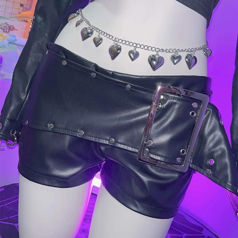 Pakaian Wanita Subkultur Gadis Seksi Y2K Eropa-Amerika, Punk Dark New Rock Metal, Celana Pendek Kulit PU dengan Gesper dan Rivet