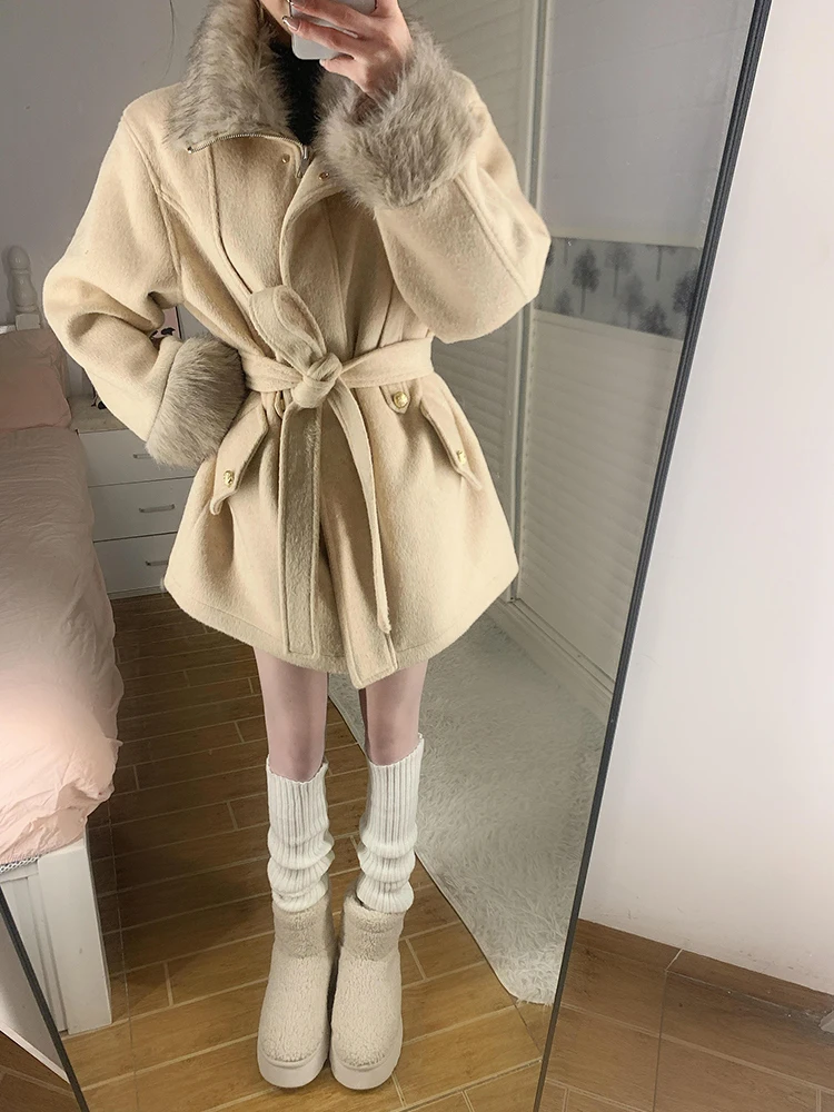 

Commute Sle Women's Woolen Coat Winter New Belted Slimming Mid-Length Button up Long Sve Warm Pure Color No Hat Coat