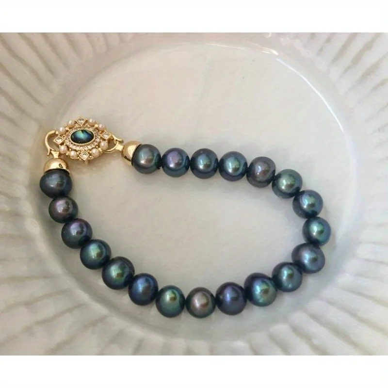 

MYSOYA 8-9 мм натуральный павлин черный пресноводный жемчуг браслет для женщин и мужчин с подарочной коробкой идеальный подарок на день рождения, свадьбу, ювелирные изделия