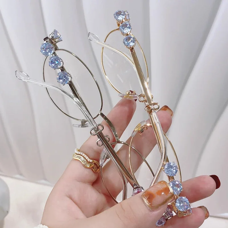 2pcs Punk Retro Silver Anti Blue Light Eyewear Rhinestone Stainless Steel Oval Frame Glasses Girls Reading Seaside Spectacles