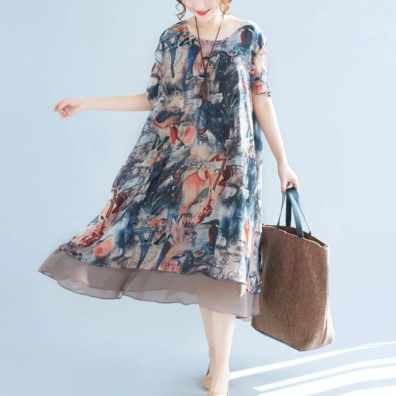 2023 summer new Round neck Vintage elegant Floral printing casual dresses women Loose Casual Comfortable A-line Chiffon dresses