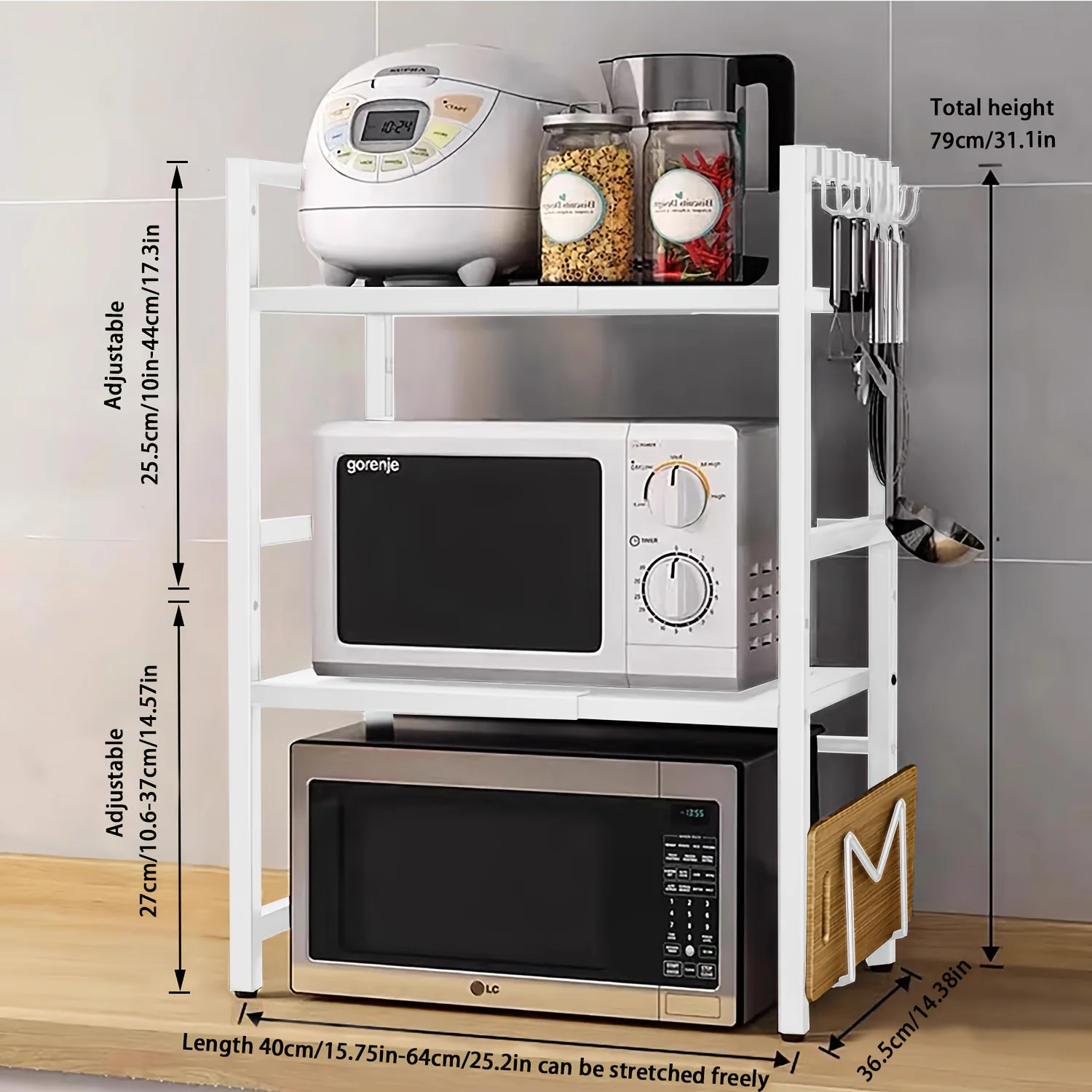 Devesanter Microwave Shelf 3-Tier Extendable Worktop Baker's Shelves With 6 Hooks, Kitchen Shelf, Spice Rack