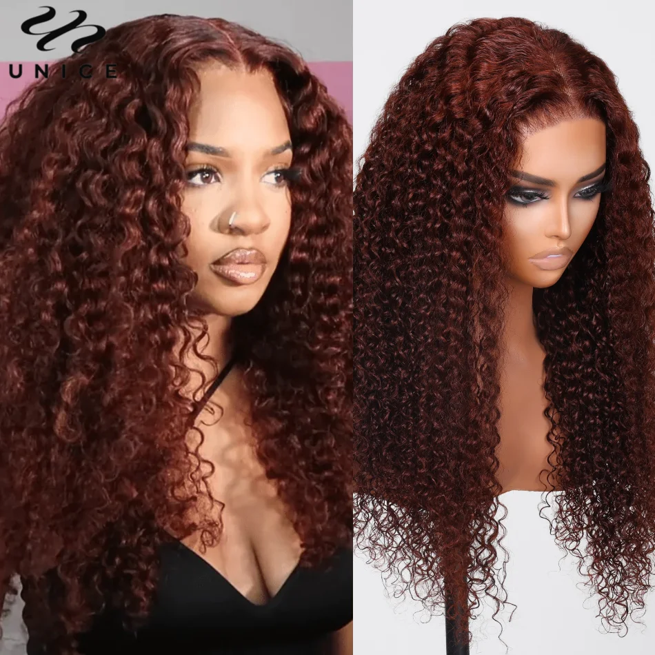 UNice Hair Reddish Brown Curly Wig Pre Cut 4x4 Lace Closure Human Hair Glueless Wig Ready To Wear