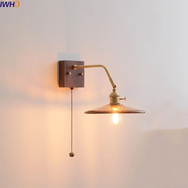 

IWHD Walnut Copper LED Wall Lights Fixtures Bedroom Living Room Bathroom Mirror Pull Chain Switch Modern Bedside Lamp Home Decor