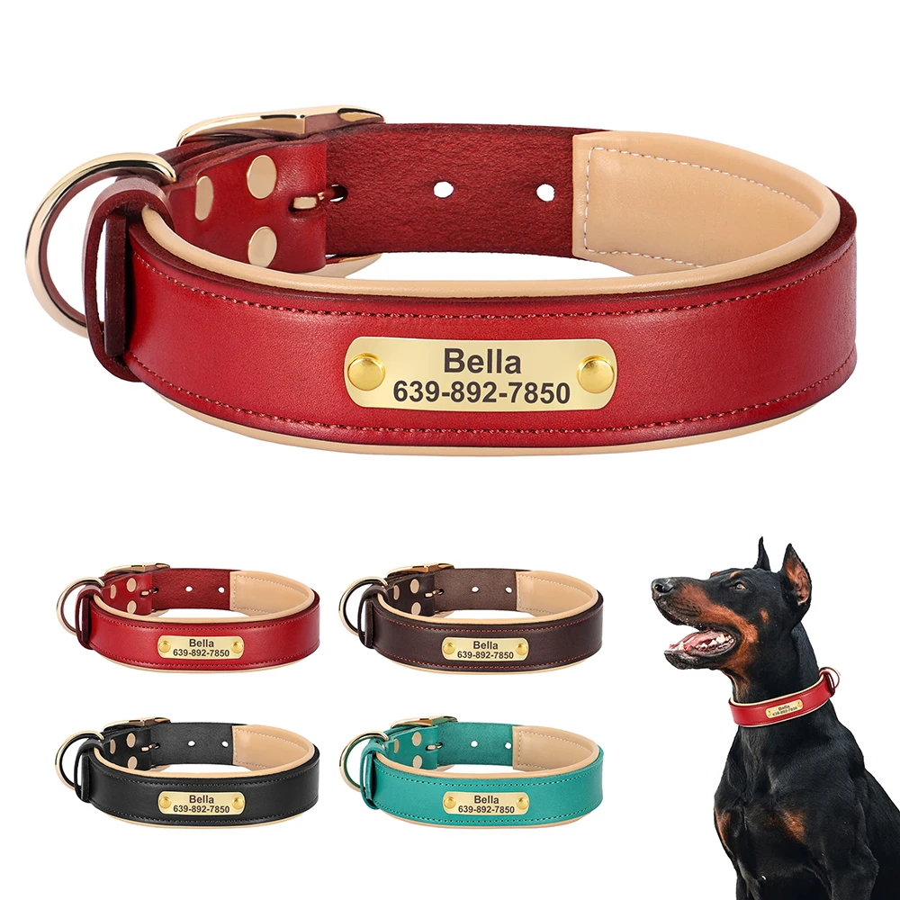 Personalized Genuine Leather Dog Collar Custom Dog Collars Soft Padded Pet Necklace for Small Medium Large Dogs Pug Labrador