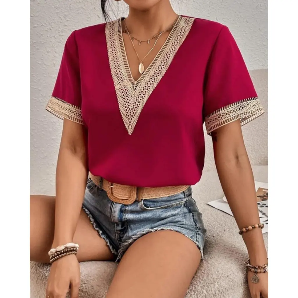 

New Independent Station V-neck Lace Short Sleeve T-shirt Women's Chiffon Top Fashionable Casual Wear