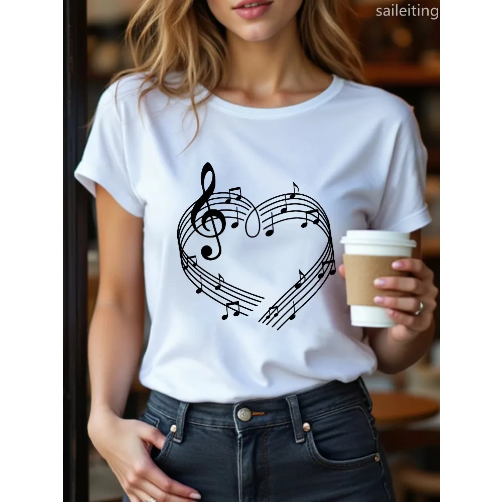 

Женская повседневная футболка с короткими рукавами и принтами в виде сердечек и нот, бело-черные узоры, летний уличный стиль Харадзюку