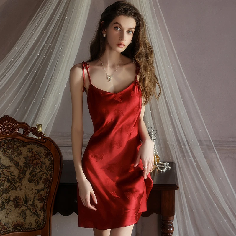 

Butterfly Jacquard Nightgowns Women Nightdress with Bra Pad Push Up Ice Silk Sexy Sling Sleeping Dress for Ladies Sleepwear