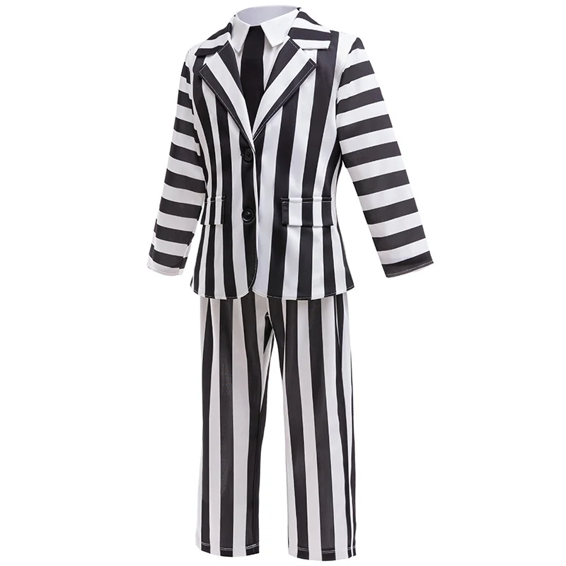Abito da Dashing Costume Cosplay Ragazzi Ragazze Cappotto a righe bianche e nere + Pantaloni Carnevale di Halloween Dress Up Costume da festa Spaventoso Ghos