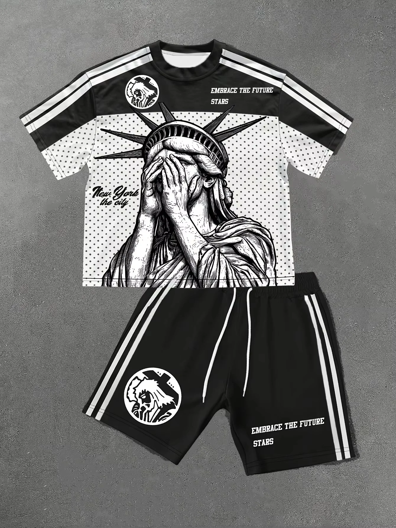 Summer Autumn Men's 2-Piece Portrait Letter Printed Short-sleeved T-shirt Shorts Set Light Breathable Trendy Street Style Wear