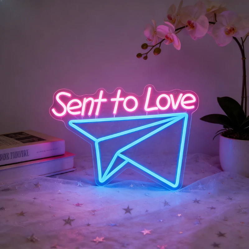 

Sent to Love Neon Sign LED Night Light Paper Plane USB Rechargeable Aesthetic Wall Art for Home Bedroom Wedding Party Decor
