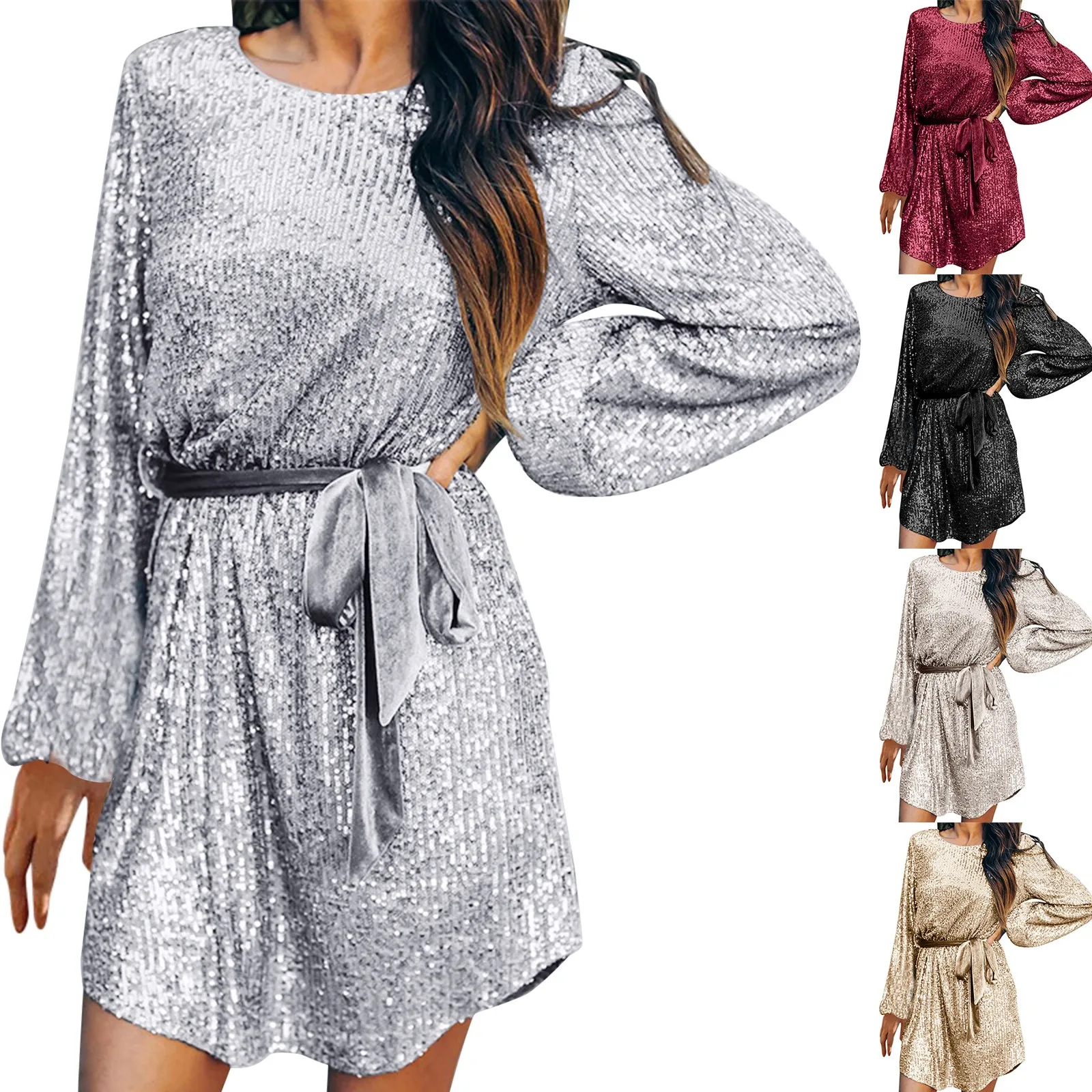 Dresses For Women 2024 Casual Sequin Dress For Women Long Sleeve Crewneck Sparkly Glitter Mini Dress Elegant Womens Dresses