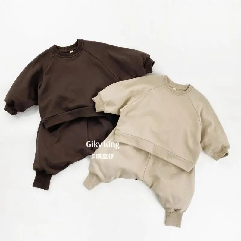 2026 Spring New Children Long Sleeve Clothes Set Boys Girls Solid Sweatshirt + Saggy Pants 2pcs Suit Cotton Kids Casual Outfits