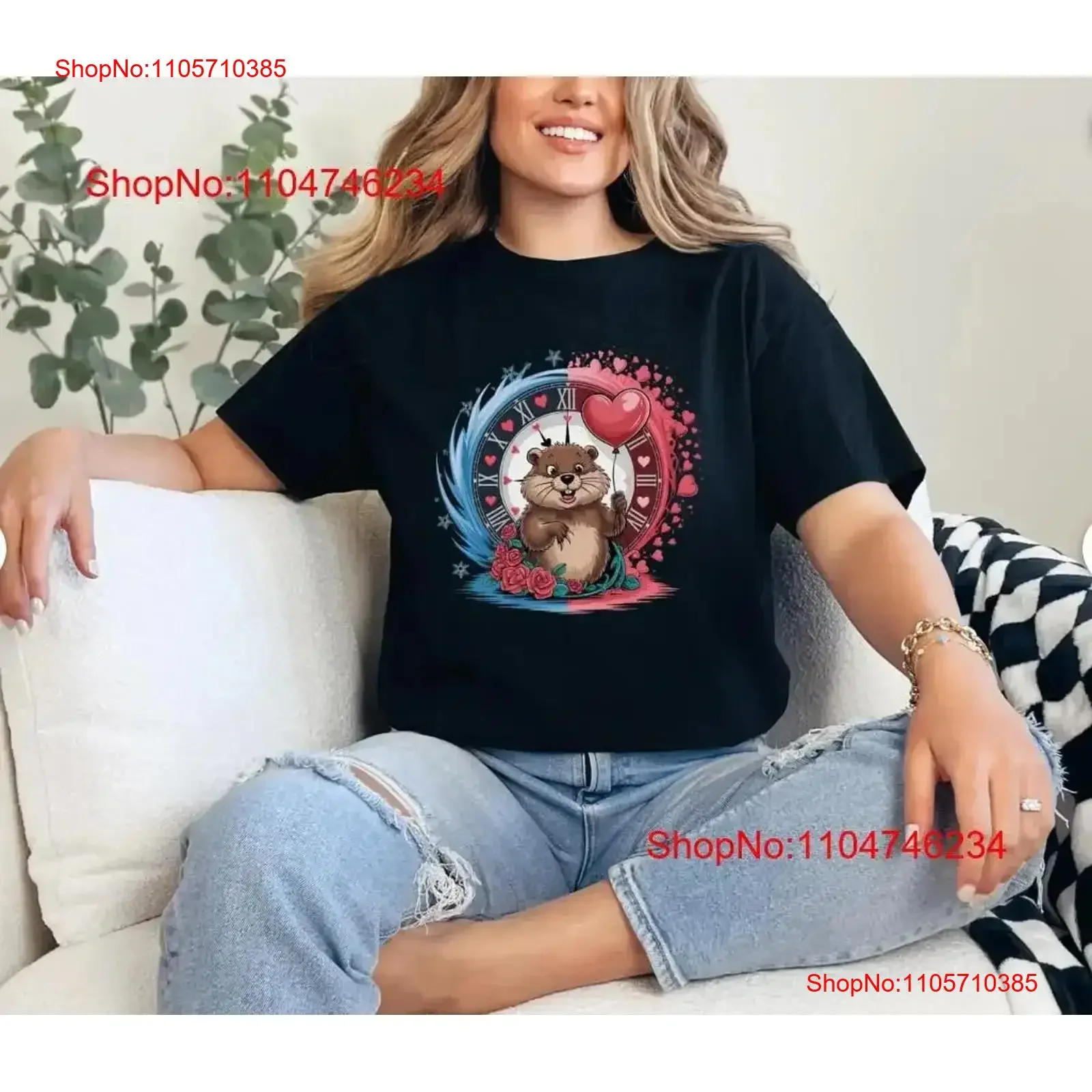 Valentine's Day T Shirt Cute Groundhog Heart and Roses vintage Washed Top For Everyday Wear Versatile Breathable Stretched