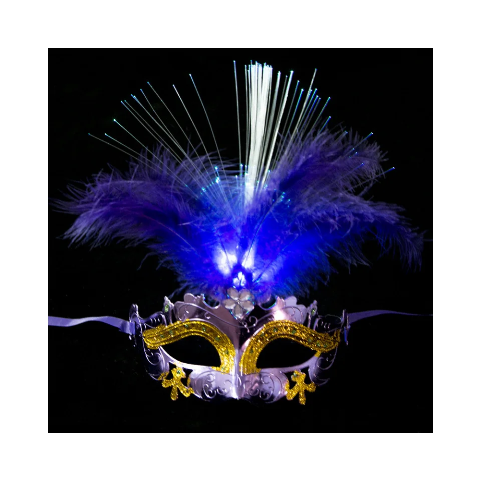

Hot Women Dress Halloween LED Light Up Fiber Feather Masks for Cosplay Wedding Bar