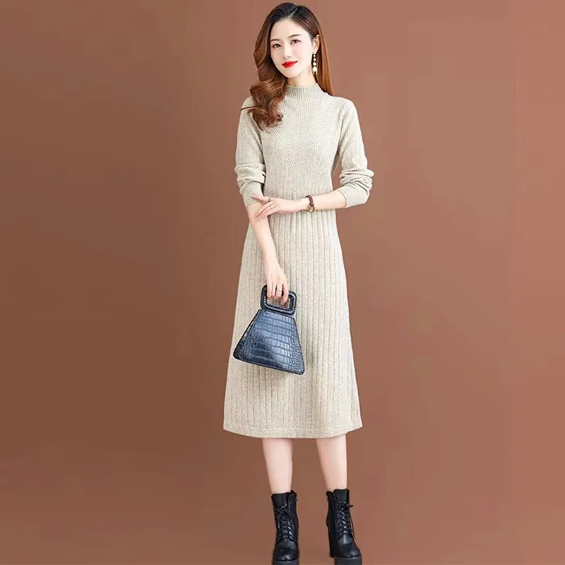 

Fall Clothes Knitting Sweater For Woman Turtleneck Middle-long Pullover Top Vintage Winter Sweater Dress Pull Women's Clothing