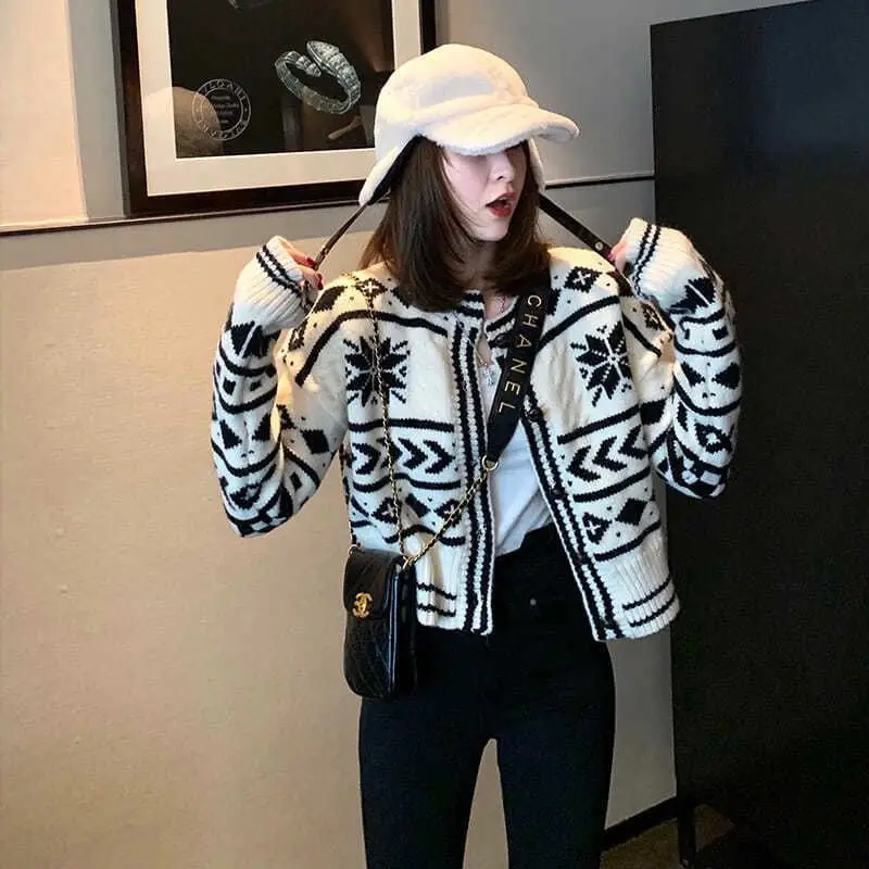 

Vintage Fashion Printing Knitting Cardigan Coat Women Autumn Winter Simplicity Office Lady Sweater Trend All-match Knitwear Tops