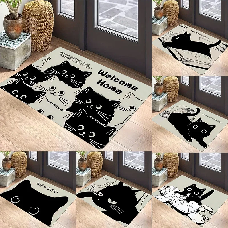 Black Cat Door Mat Non-Slip Entrance Way Mats Welcome Mats Rugs Washable Carpet Home Decoration for Indoor Outdoor