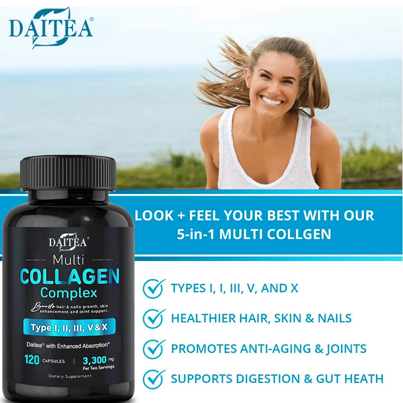 Multi Collagen Complex Capsules I,II,III,V,X, Digestive Enzyme Blend - Skin Hair Nail Joint Support, Anti-Aging High Absorption