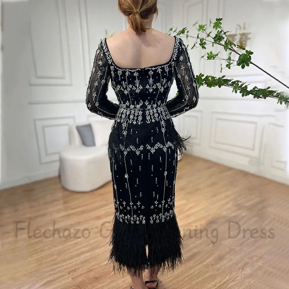 Flechazo Exquisite Tea-Length Evening Dress Square Collar Long Sleeve Sheath with Feathers and Beading Diamond Ladies Party Gown