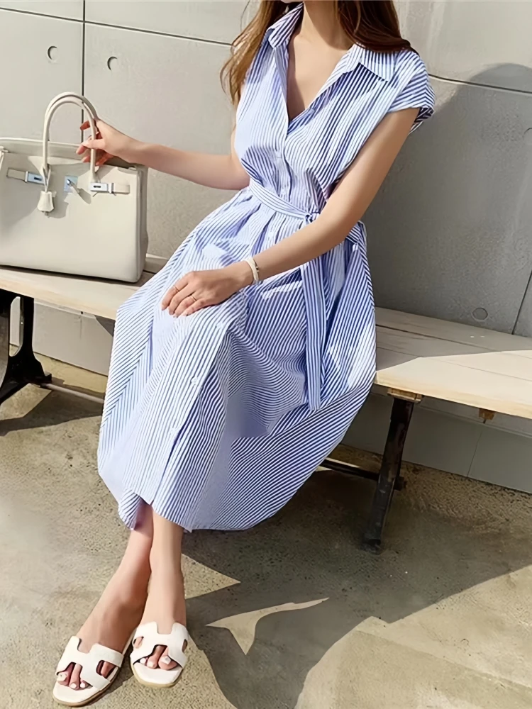 Damen Sommerkleid, neu, gestreift, mit Bindegürtel, schmal geschnitten, ärmellos, Midikleid, lässig, elegant, für Büro und Freizeit, mit Taschen, DR1970 – Detail 17