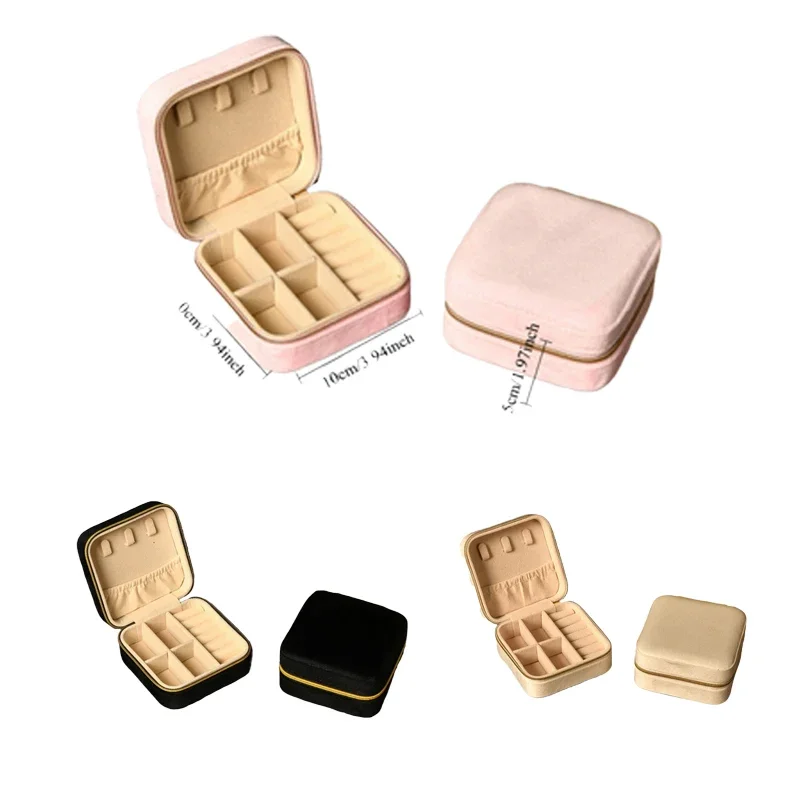 

Портативная дорожная бархатная шкатулка для украшений на молнии, квадратный органайзер для женщин и девушек, футляр для ожерелий, колец и сережек