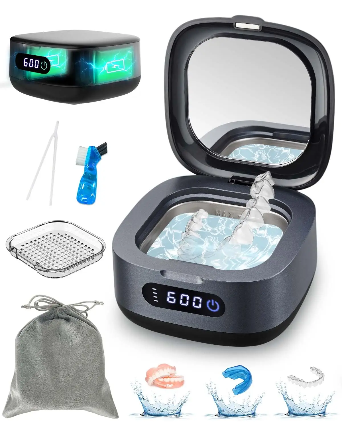 

Portable Ultrasonic Retainer Cleaner Machine, 52kHz Dental Appliance Cleaner for Dentures & Mouth Guards with 3 Modes
