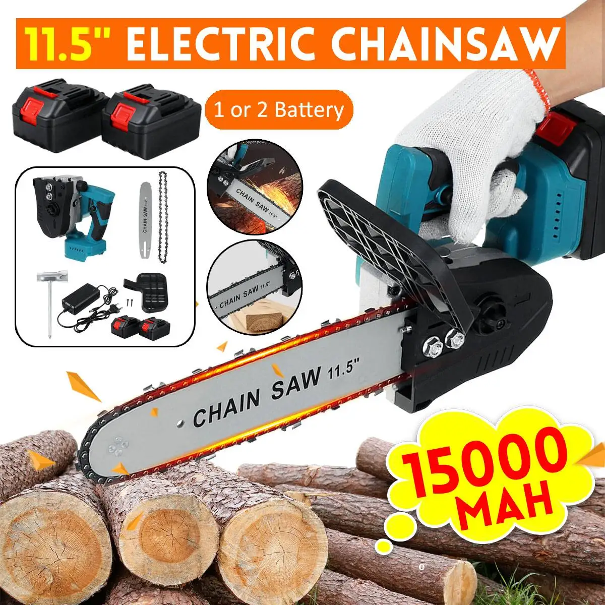 11.5 Inch Electric Saw Chainsaw Garden Tree Logging Saw Woodworking Tools With 2 X 3.0Ah Rechargeable Lithium Battery