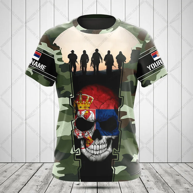 Serbia Camouflage Skull Pattern Customize T-shirts Unisex Oversized Tees Casual Short Sleeve Tops Adults and Kids Sportswear