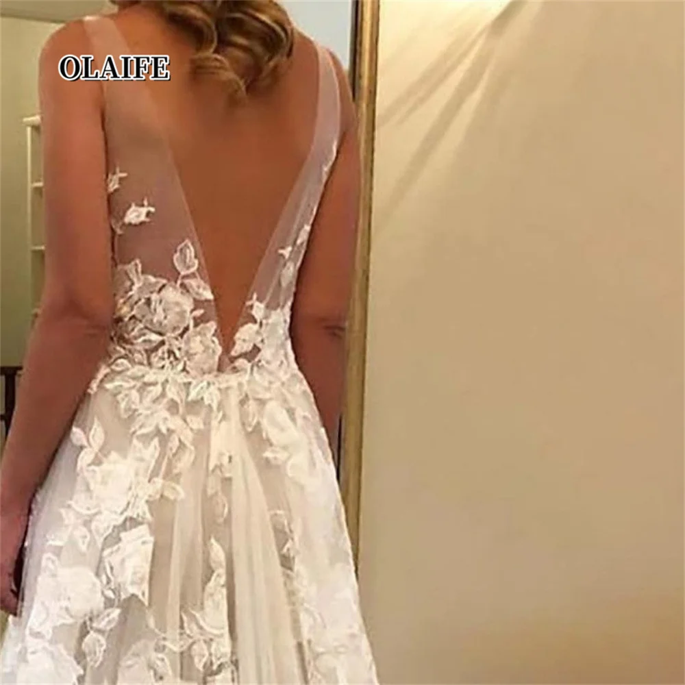 A-Line prenses v yaka plaj düğün elbisesi aplikler ile vestido de vestido vestidos novias boda ссоеенное паааа