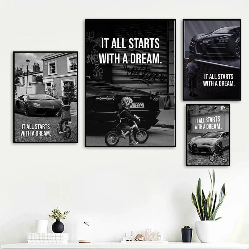 Supercar Motivation Quote Posters Canvas Painting It All Starts With A Dream Wall Art Picture For Kid Room Home Decoration