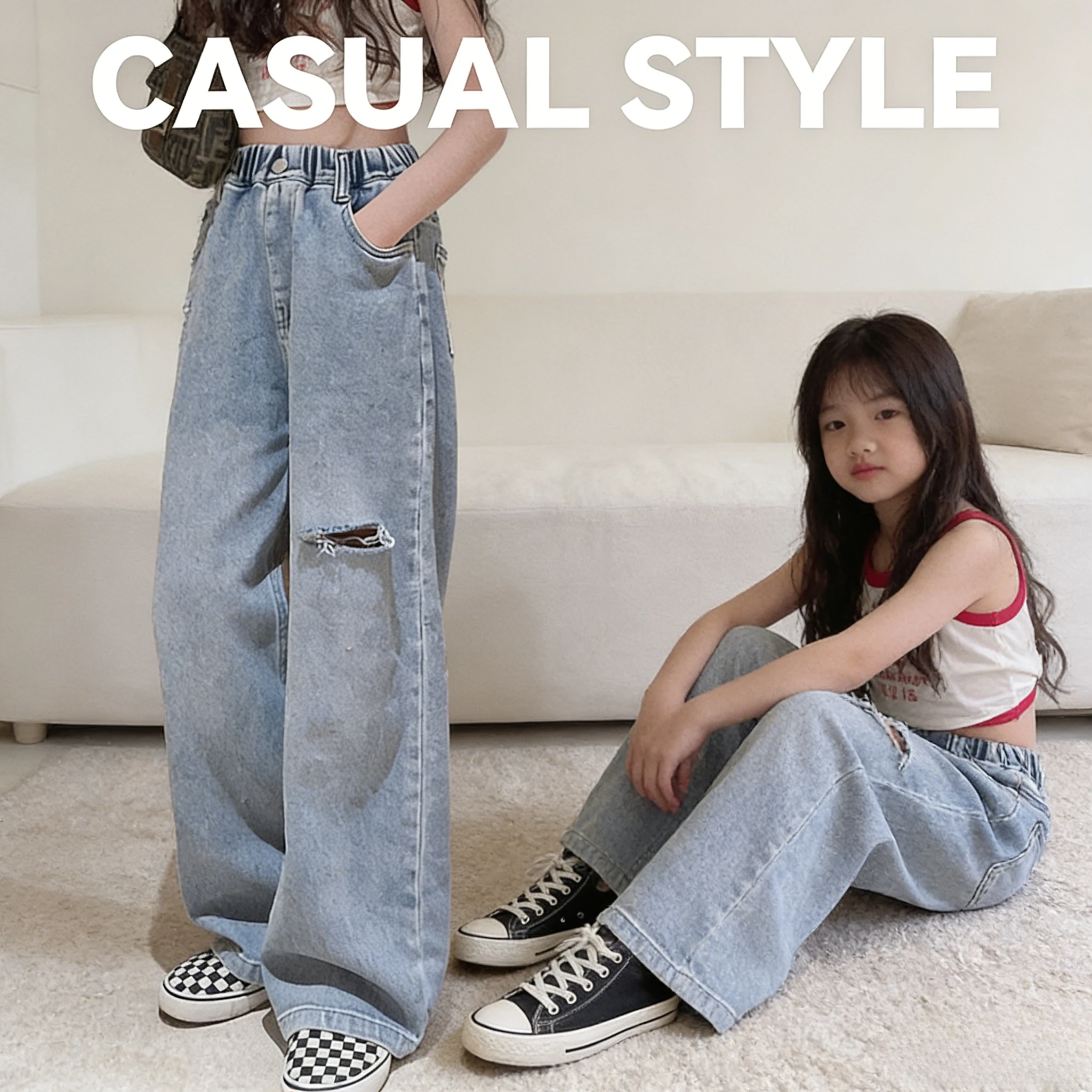 Girls Jeans 2026 Spring Ripped Wide Leg Pants High Waist Straight Loose Casual Trousers For Kids Daily Wear Street Style