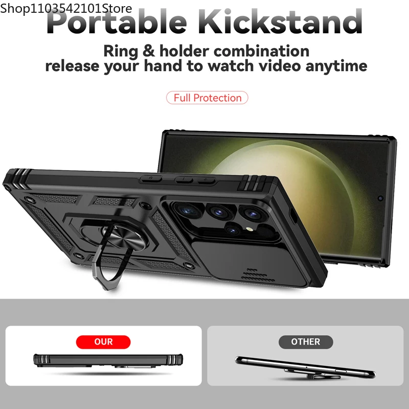 Ring Stand Rotating Slide Camera Lens Military Grade Armor Case For Samsung Galaxy S24 S23 S22 S21 S20 Note 20 Ultra M53 5G M33