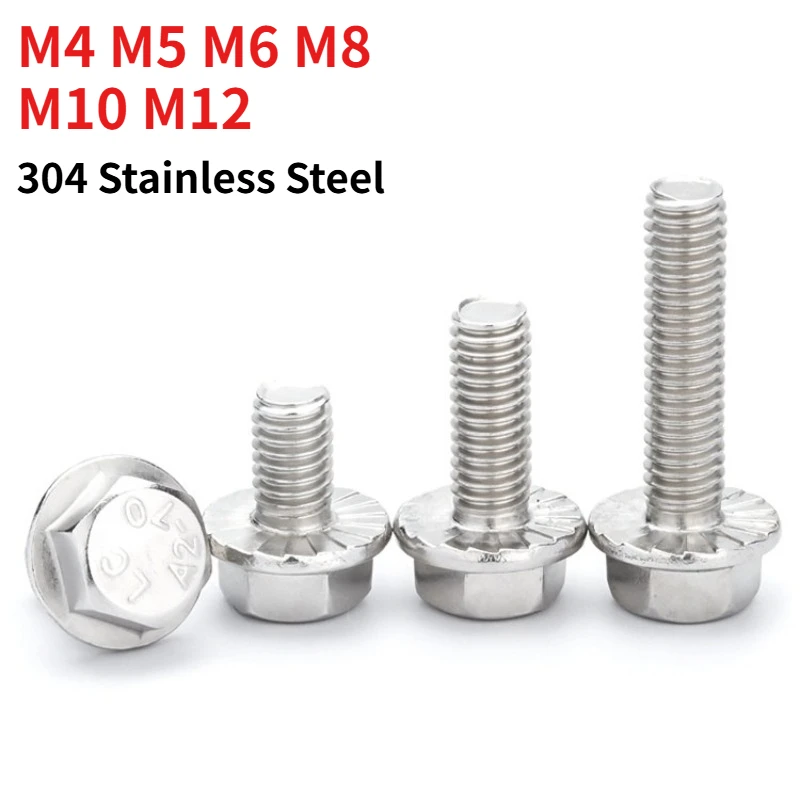 DIN6921 Hex Flange Bolt 304 Stainless Steel A2-70 Serrated Flange Hexagon Bolt M4 M5 M6 M8 M10 M12 Length: 6–100 mm